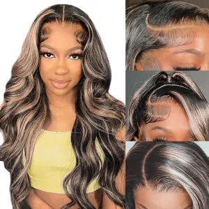 Highlight Lace Front Wig Human Hair Balayage Body Wave 13x4 HD Lace Closure Wigs Pre Plucked with Baby Hair #1b27 Black and Blonde Ombre Human Hair Wigs 150 Density for Women 32 Inch