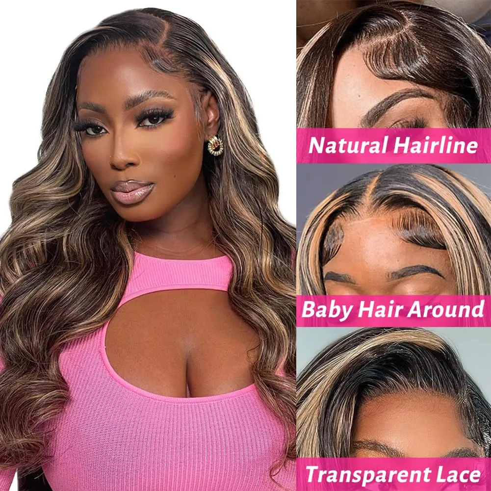 Highlight Lace Front Wig Human Hair Balayage Body Wave 13x4 HD Lace Closure Wigs Pre Plucked with Baby Hair #1b27 Black and Blonde Ombre Human Hair Wigs 150 Density for Women 32 Inch