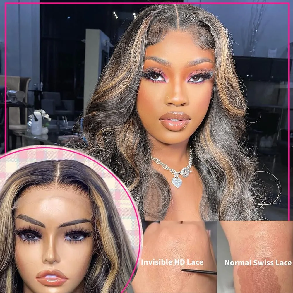 Highlight Lace Front Wig Human Hair Balayage Body Wave 13x4 HD Lace Closure Wigs Pre Plucked with Baby Hair #1b27 Black and Blonde Ombre Human Hair Wigs 150 Density for Women 32 Inch