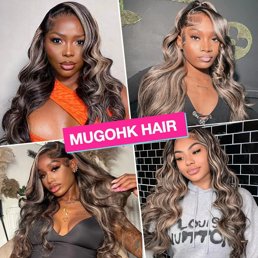 Highlight Lace Front Wig Human Hair Balayage Body Wave 13x4 HD Lace Closure Wigs Pre Plucked with Baby Hair #1b27 Black and Blonde Ombre Human Hair Wigs 150 Density for Women 32 Inch