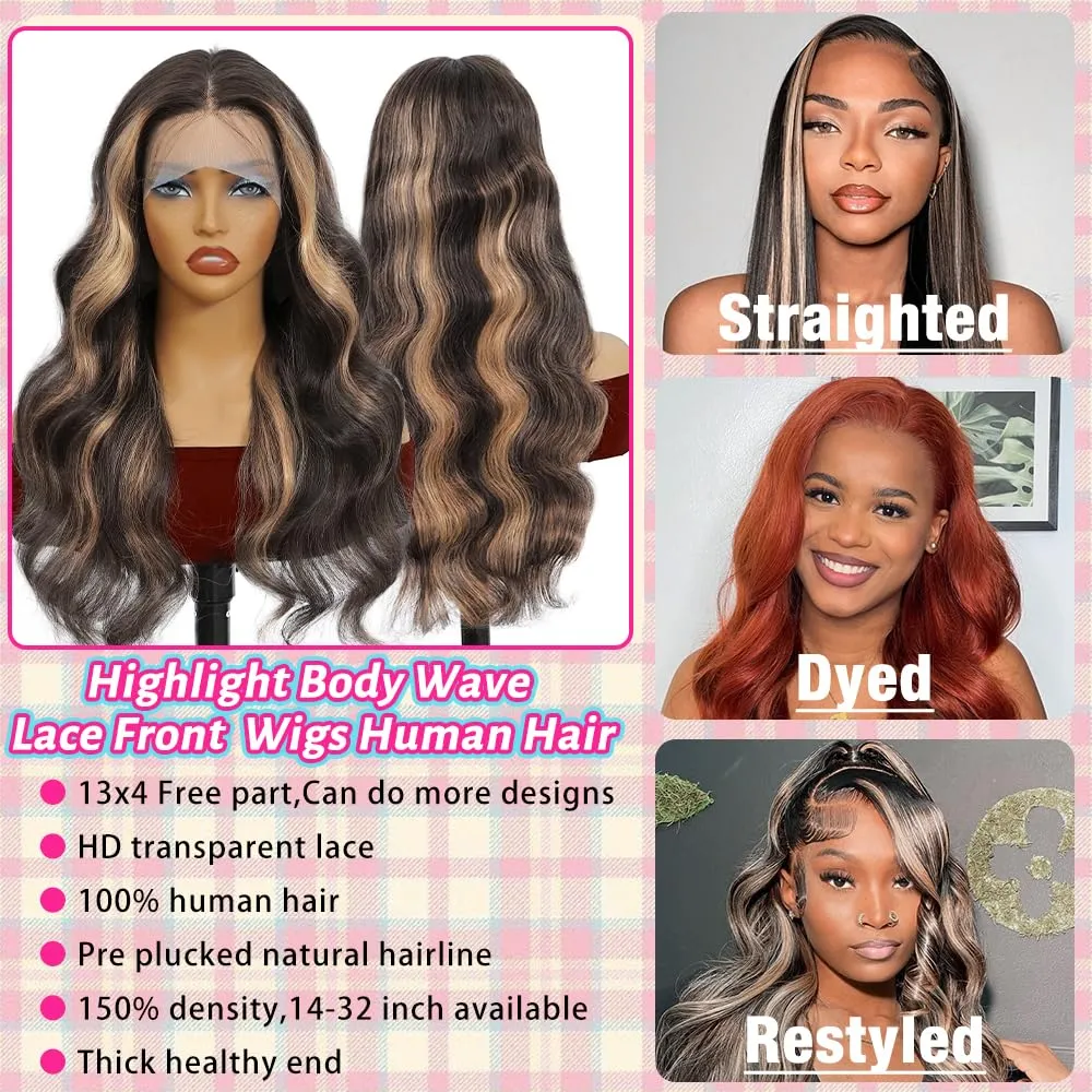 Highlight Lace Front Wig Human Hair Balayage Body Wave 13x4 HD Lace Closure Wigs Pre Plucked with Baby Hair #1b27 Black and Blonde Ombre Human Hair Wigs 150 Density for Women 32 Inch