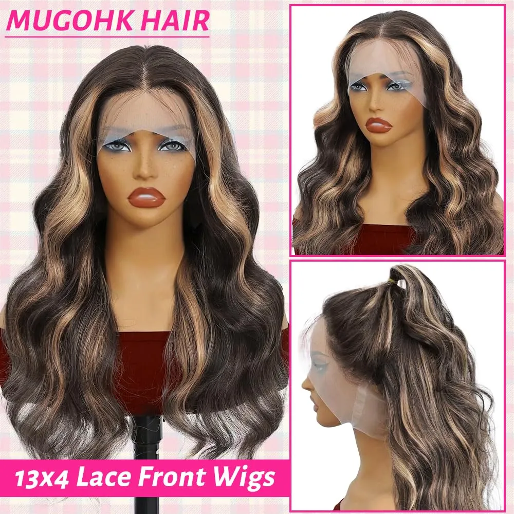 Highlight Lace Front Wig Human Hair Balayage Body Wave 13x4 HD Lace Closure Wigs Pre Plucked with Baby Hair #1b27 Black and Blonde Ombre Human Hair Wigs 150 Density for Women 32 Inch