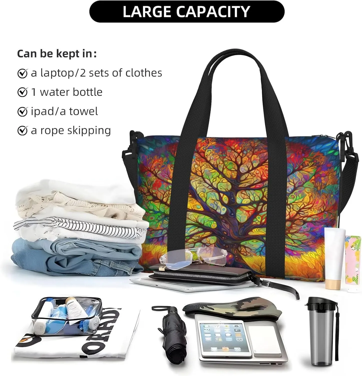 Hippie Colorful Tree Travel Duffel Bags for Women Men, Sports Training Gym Bag Dance Bag with Adjustable Shoulder Strap Hippy Pattern Weekender Overnight Bag