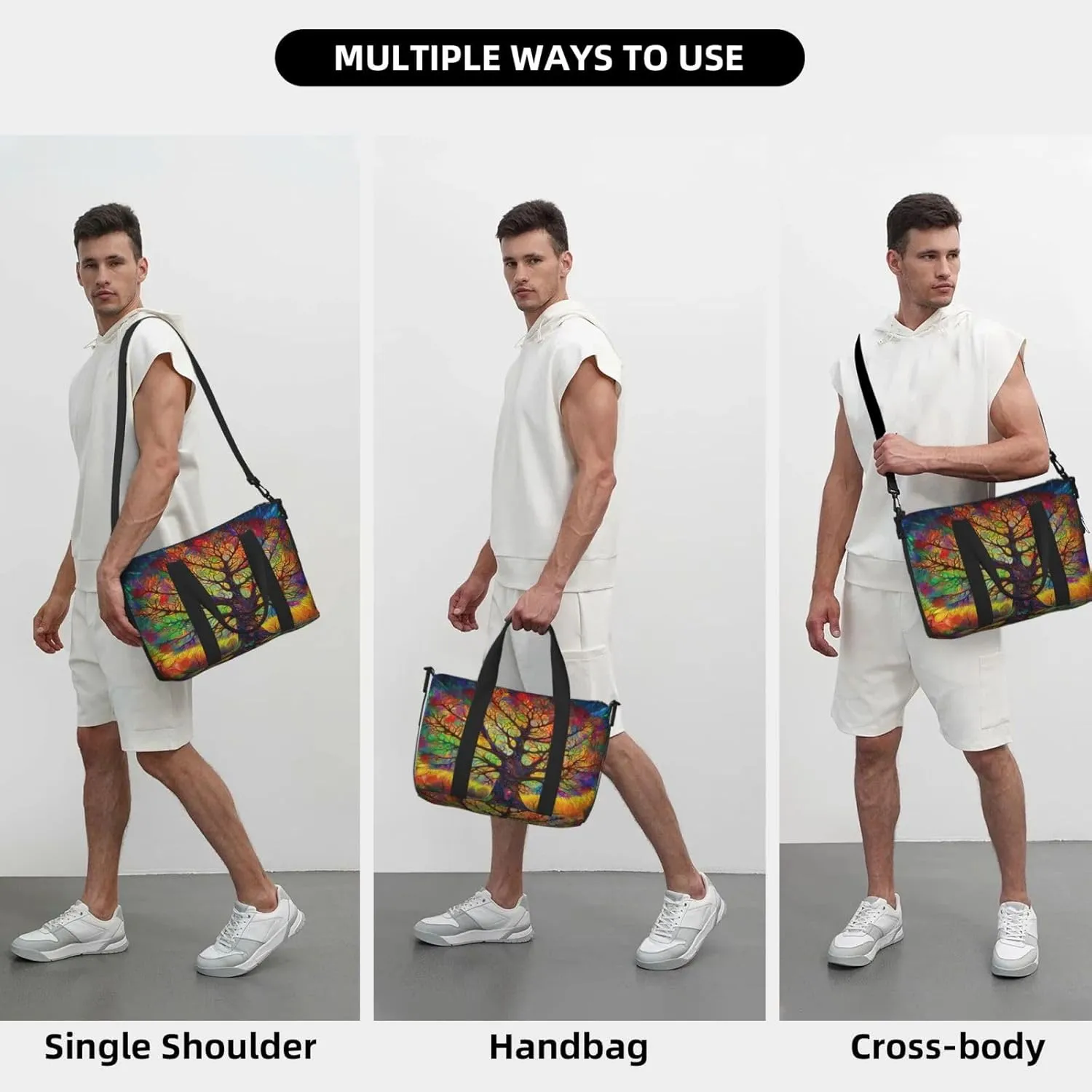 Hippie Colorful Tree Travel Duffel Bags for Women Men, Sports Training Gym Bag Dance Bag with Adjustable Shoulder Strap Hippy Pattern Weekender Overnight Bag