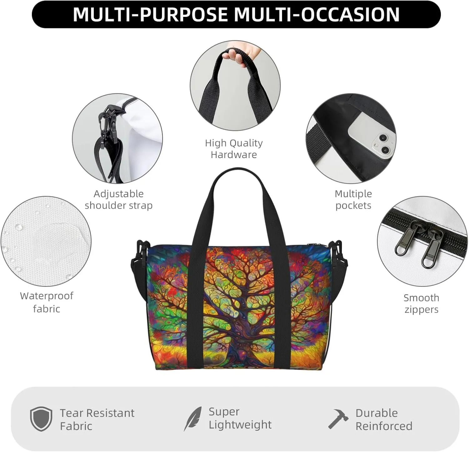 Hippie Colorful Tree Travel Duffel Bags for Women Men, Sports Training Gym Bag Dance Bag with Adjustable Shoulder Strap Hippy Pattern Weekender Overnight Bag