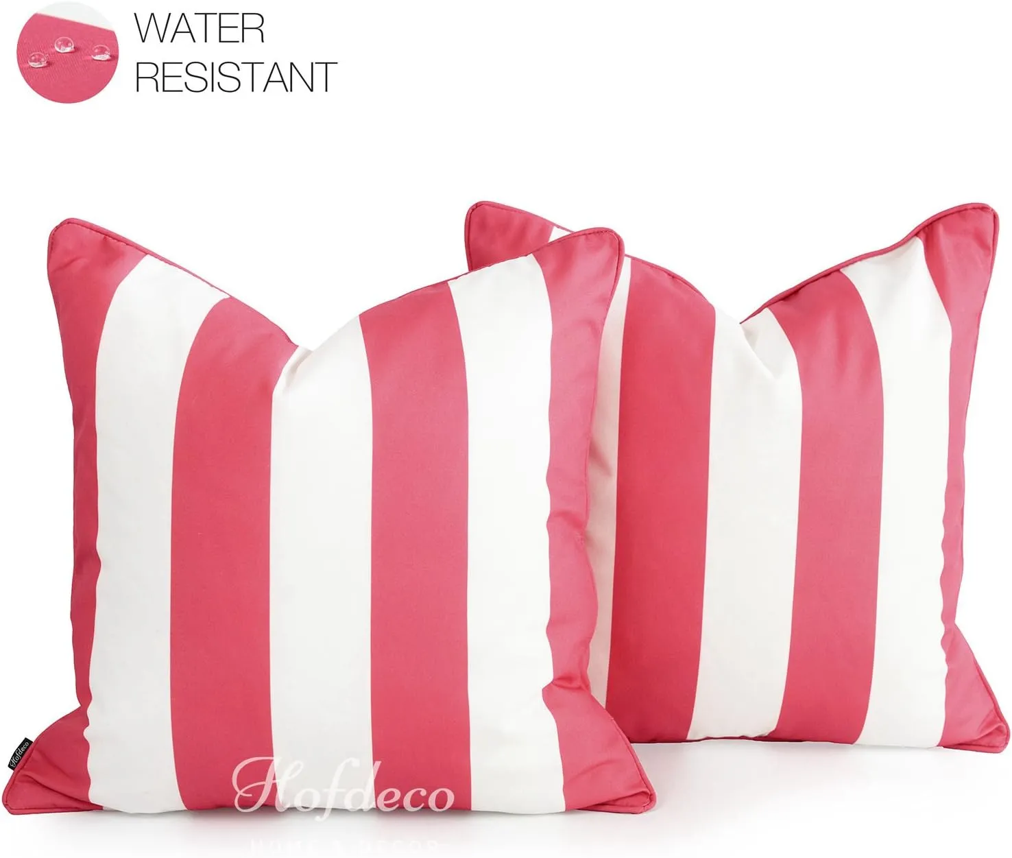 Hofdeco Indoor Outdoor Pillow Cover ONLY, Water Resistant for Patio Lounge Sofa, Hot Pink White Stripes, 18"x18", Set of 2