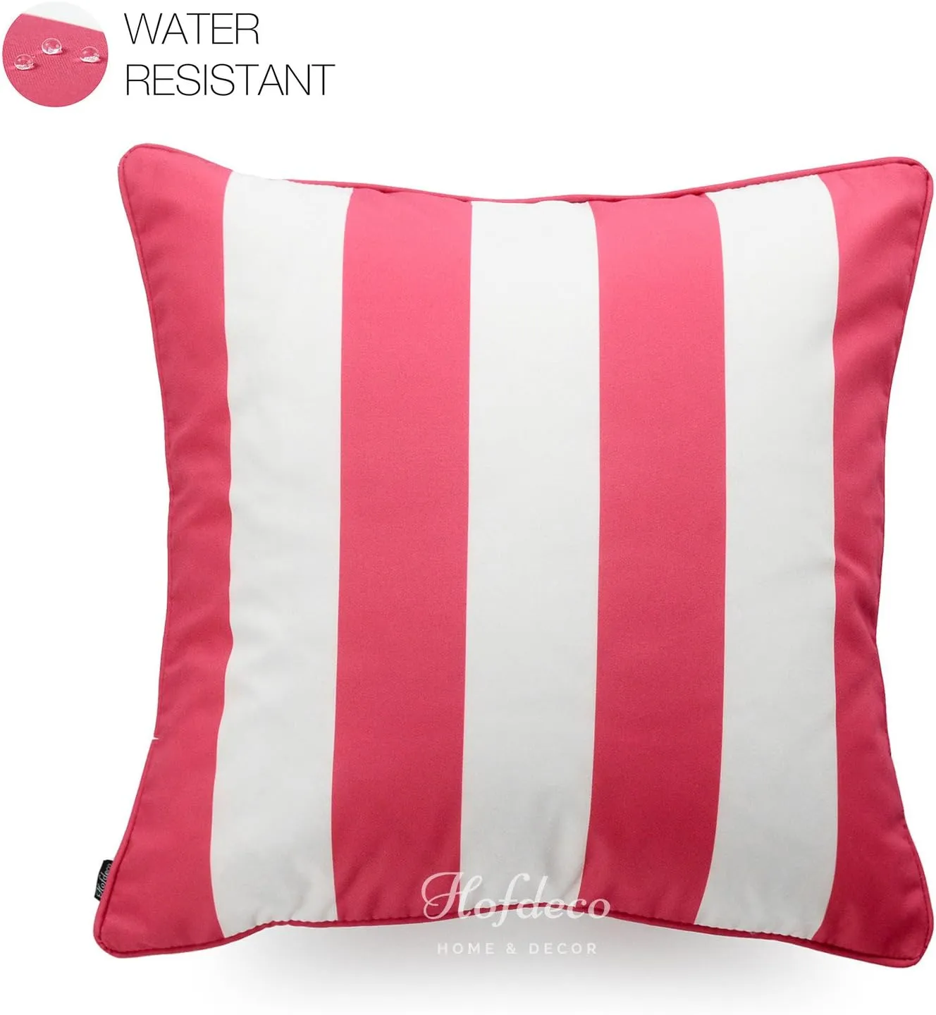 Hofdeco Indoor Outdoor Pillow Cover ONLY, Water Resistant for Patio Lounge Sofa, Hot Pink White Stripes, 18"x18", Set of 2