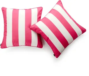 Hofdeco Indoor Outdoor Pillow Cover ONLY, Water Resistant for Patio Lounge Sofa, Hot Pink White Stripes, 18"x18", Set of 2