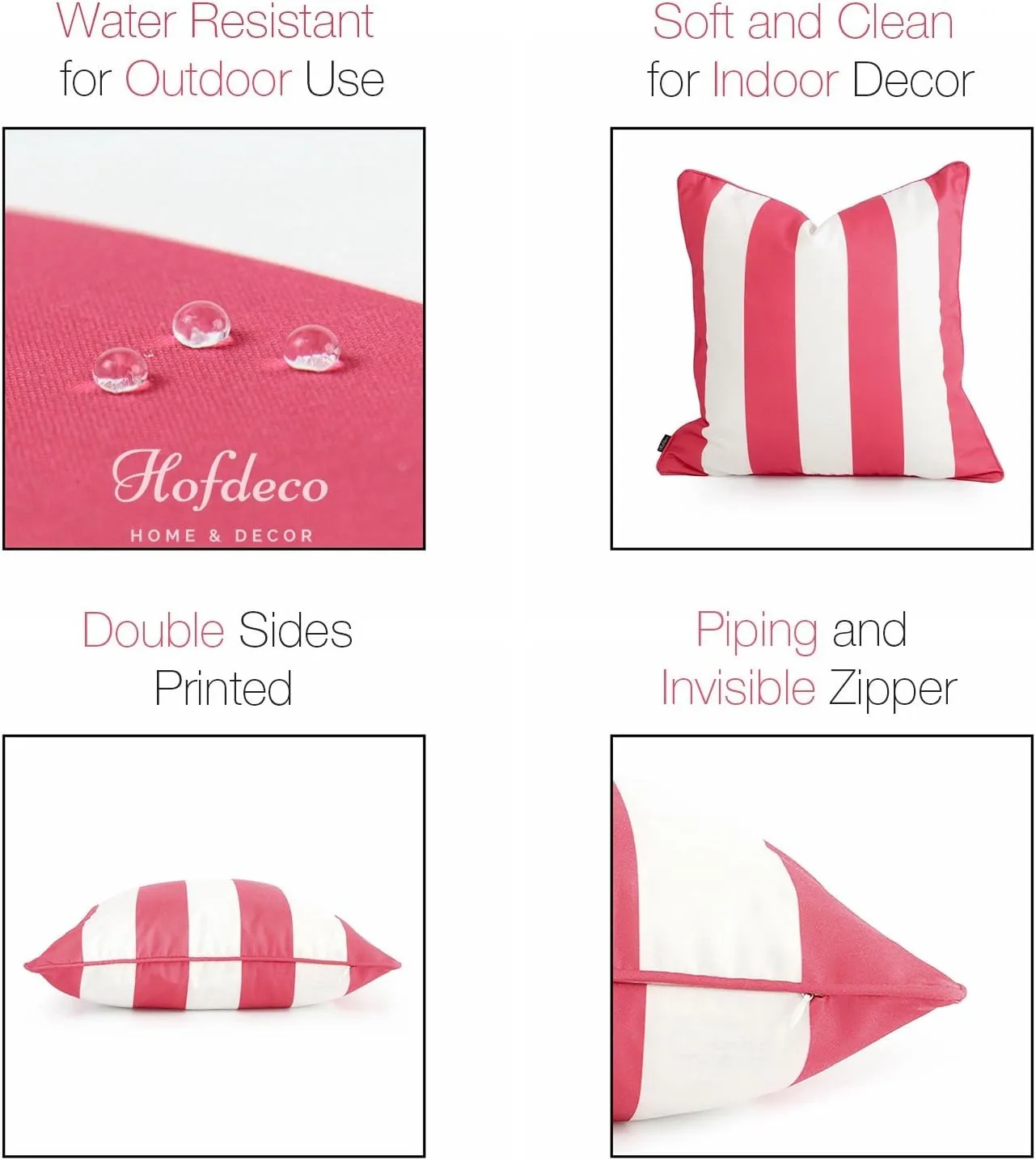 Hofdeco Indoor Outdoor Pillow Cover ONLY, Water Resistant for Patio Lounge Sofa, Hot Pink White Stripes, 18"x18", Set of 2