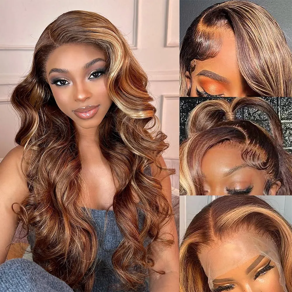 Honey Blonde Ombre Lace Front Wig Human Hair 4/27 Highlight Wigs Human Hair Pre Plucked 13x4 Balayage Wigs With Baby Hair Highlight Body Wave Wigs 220% Density Blonde Highlight Wig For Women 26 Inch