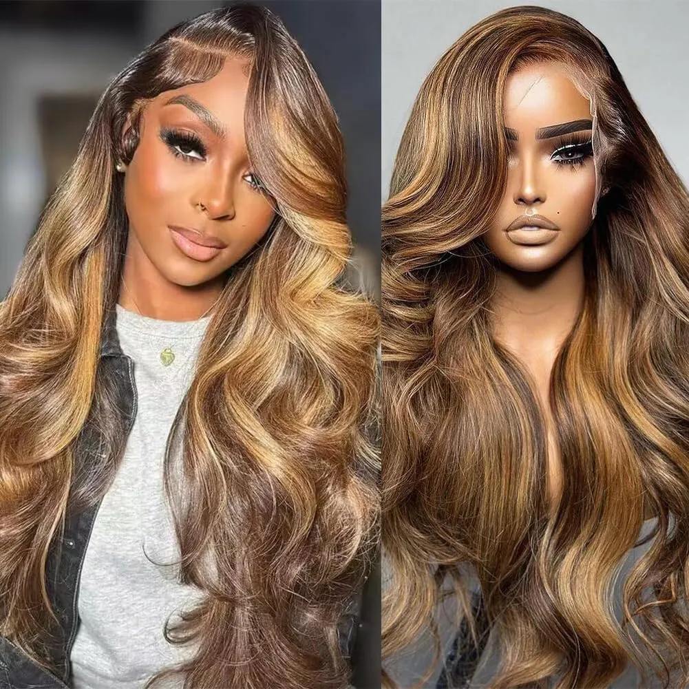 Honey Blonde Ombre Lace Front Wig Human Hair 4/27 Highlight Wigs Human Hair Pre Plucked 13x4 Balayage Wigs With Baby Hair Highlight Body Wave Wigs 220% Density Blonde Highlight Wig For Women 32 Inch