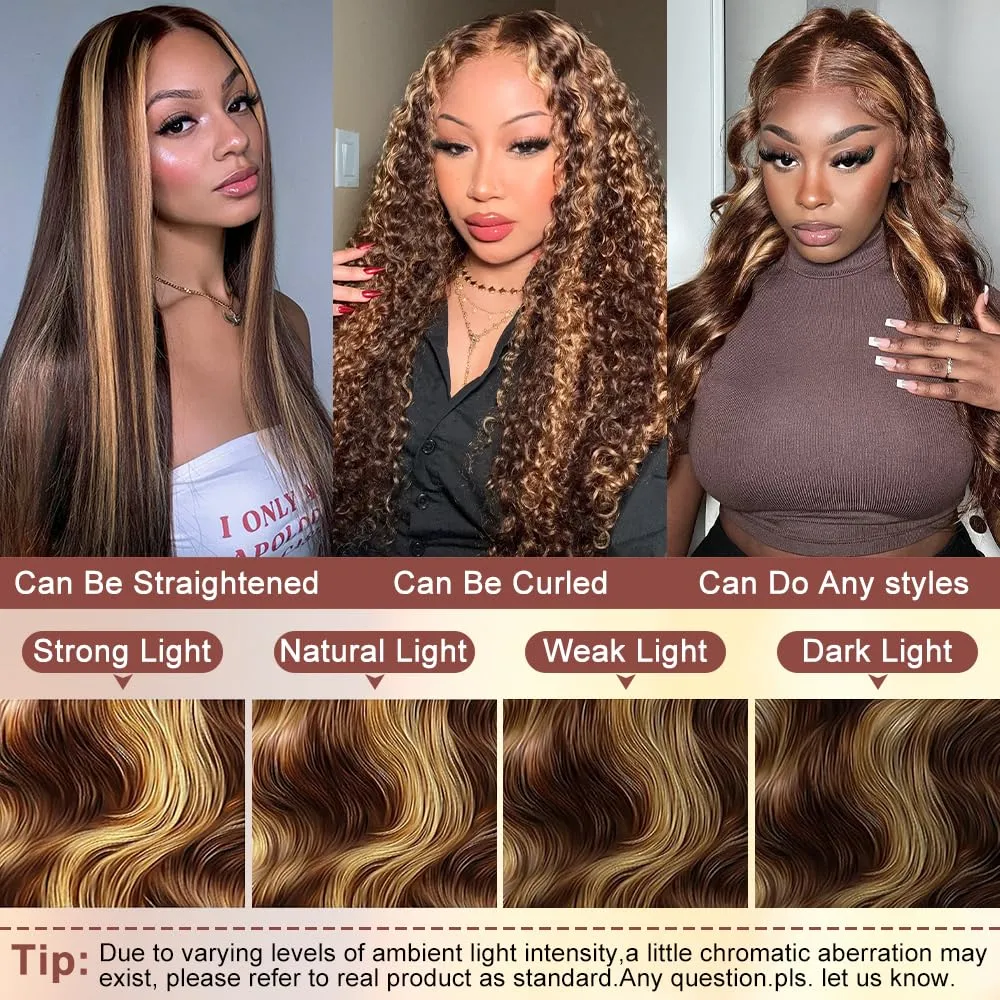 Honey Blonde Ombre Lace Front Wig Human Hair 4/27 Highlight Wigs Human Hair Pre Plucked 13x4 Balayage Wigs With Baby Hair Highlight Body Wave Wigs 220% Density Blonde Highlight Wig For Women 32 Inch