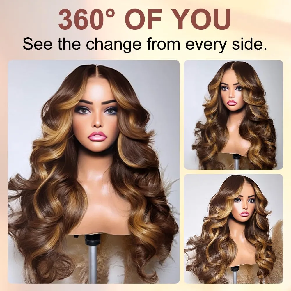 Honey Blonde Ombre Lace Front Wig Human Hair 4/27 Highlight Wigs Human Hair Pre Plucked 13x4 Balayage Wigs With Baby Hair Highlight Body Wave Wigs 220% Density Blonde Highlight Wig For Women 32 Inch