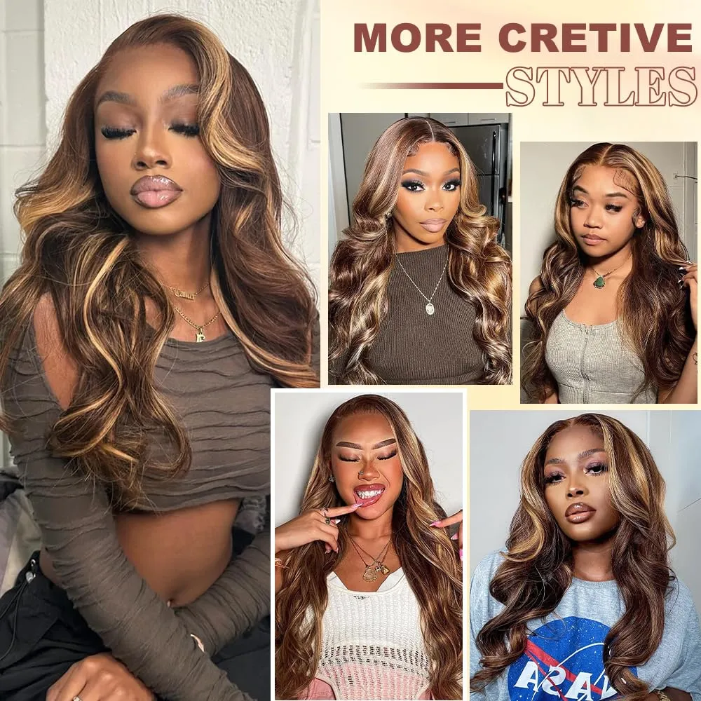 Honey Blonde Ombre Lace Front Wig Human Hair 4/27 Highlight Wigs Human Hair Pre Plucked 13x4 Balayage Wigs With Baby Hair Highlight Body Wave Wigs 220% Density Blonde Highlight Wig For Women 32 Inch