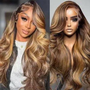 Honey Blonde Ombre Lace Front Wig Human Hair 4/27 Highlight Wigs Human Hair Pre Plucked 13x4 Balayage Wigs With Baby Hair Highlight Body Wave Wigs 220% Density Blonde Highlight Wig For Women 32 Inch