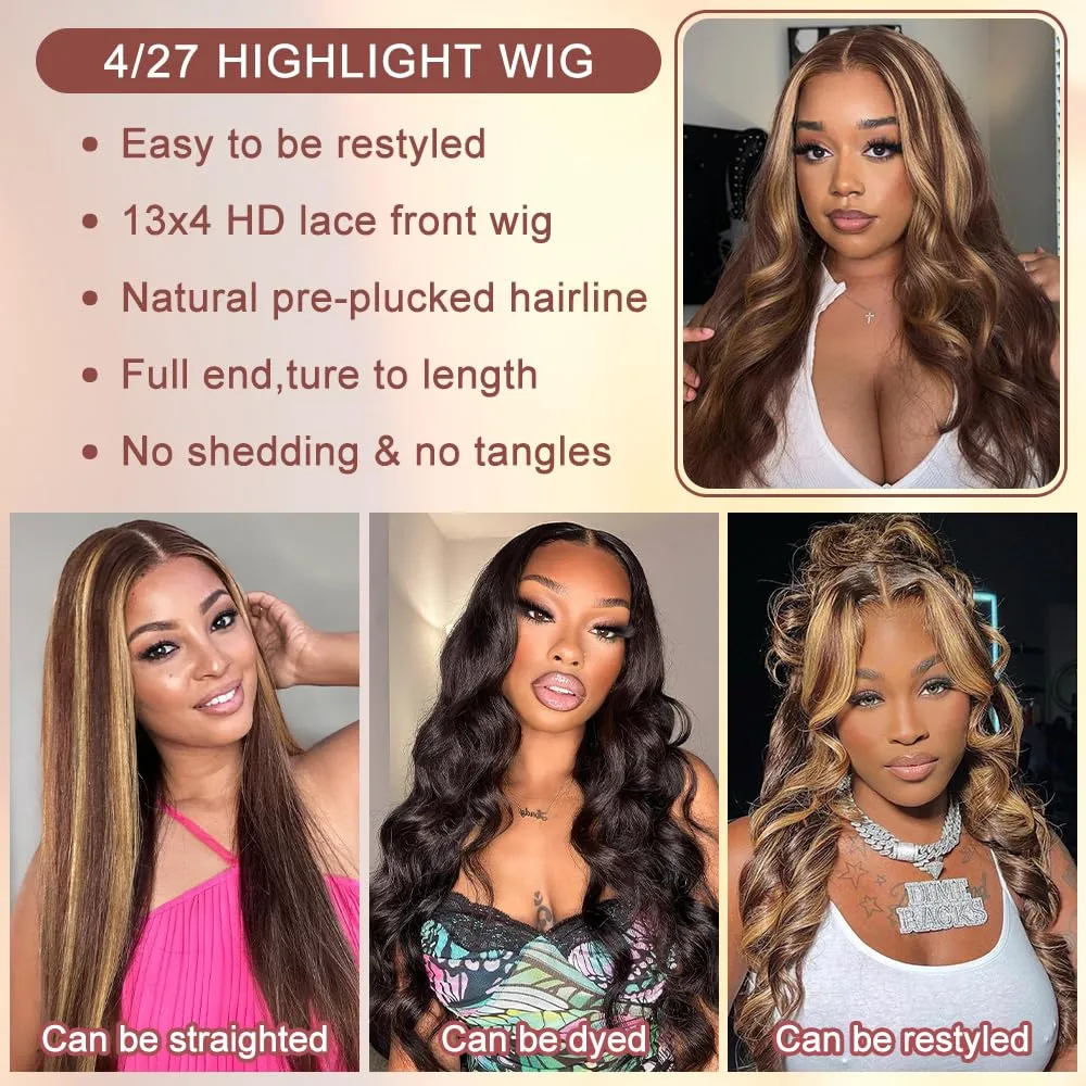 Honey Blonde Ombre Lace Front Wig Human Hair 4/27 Highlight Wigs Human Hair Pre Plucked 13x4 Balayage Wigs With Baby Hair Highlight Body Wave Wigs 220% Density Blonde Highlight Wig For Women 32 Inch
