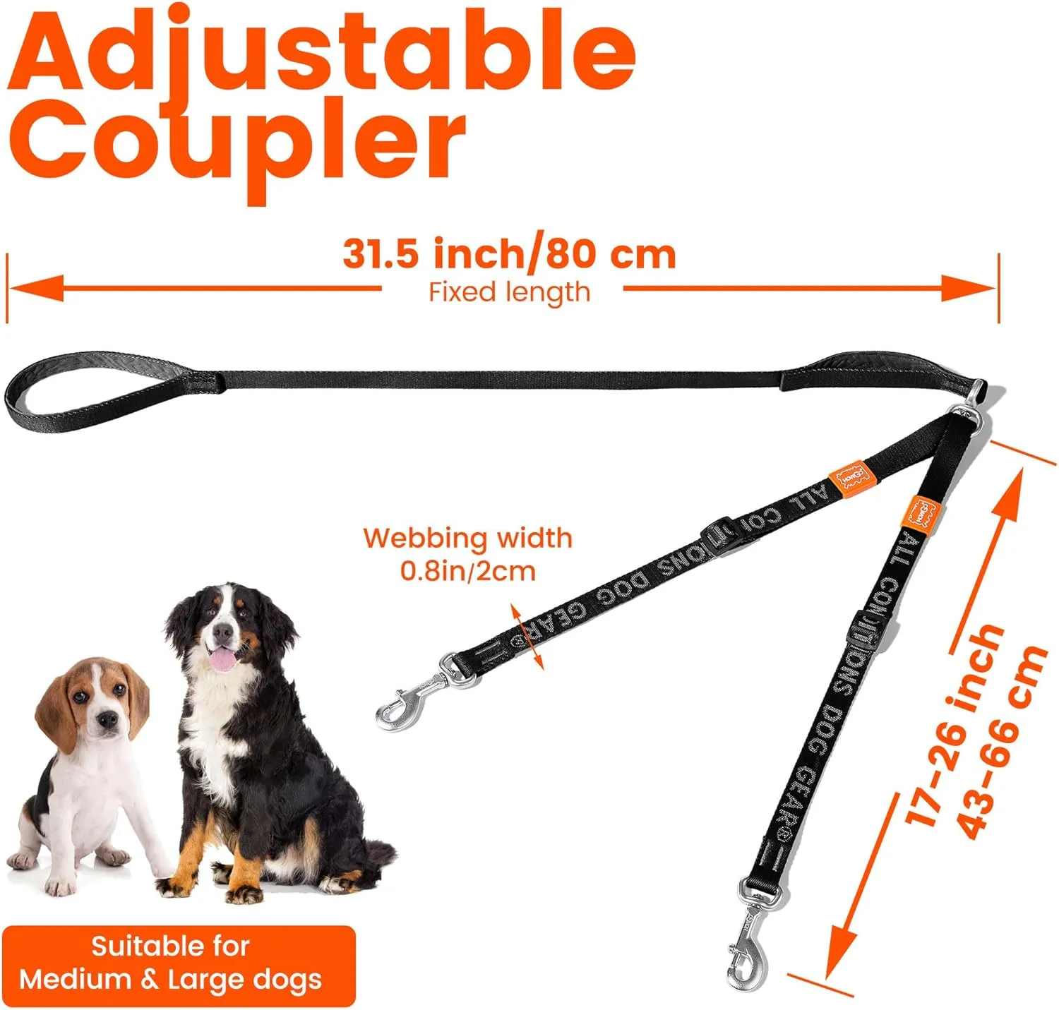 HOWGO Double Dog Leash, No Tangle 360° Swivel, Adjustable Two Padded Handles, Double Clip Dog Leash Coupler Splitter for Large and Medium Breeds (Black, 4/5'' x 4.8 FT)