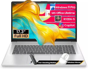 HP 17 inch Laptop for Business and Students, 17.3" FHD, AMD Ryzen 5 (Beats i7-1165G7), W/Copilot, Ms Office Pro, Wins 11 Pro, Numeric Keypad, WiFi 6 (64GB RAM | 2TB SSD)