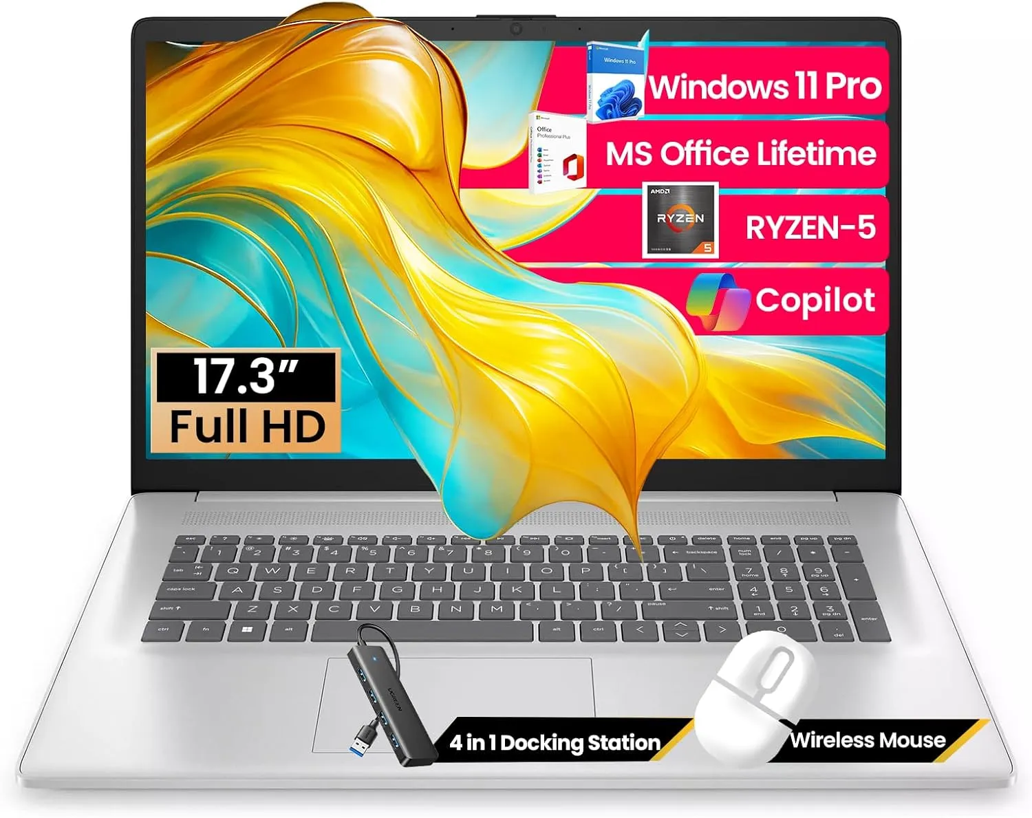 HP 17 inch Laptop for Business and Students, 17.3" FHD, AMD Ryzen 5 (Beats i7-1165G7), W/Copilot, Ms Office Pro, Wins 11 Pro, Numeric Keypad, WiFi 6 (64GB RAM | 2TB SSD)