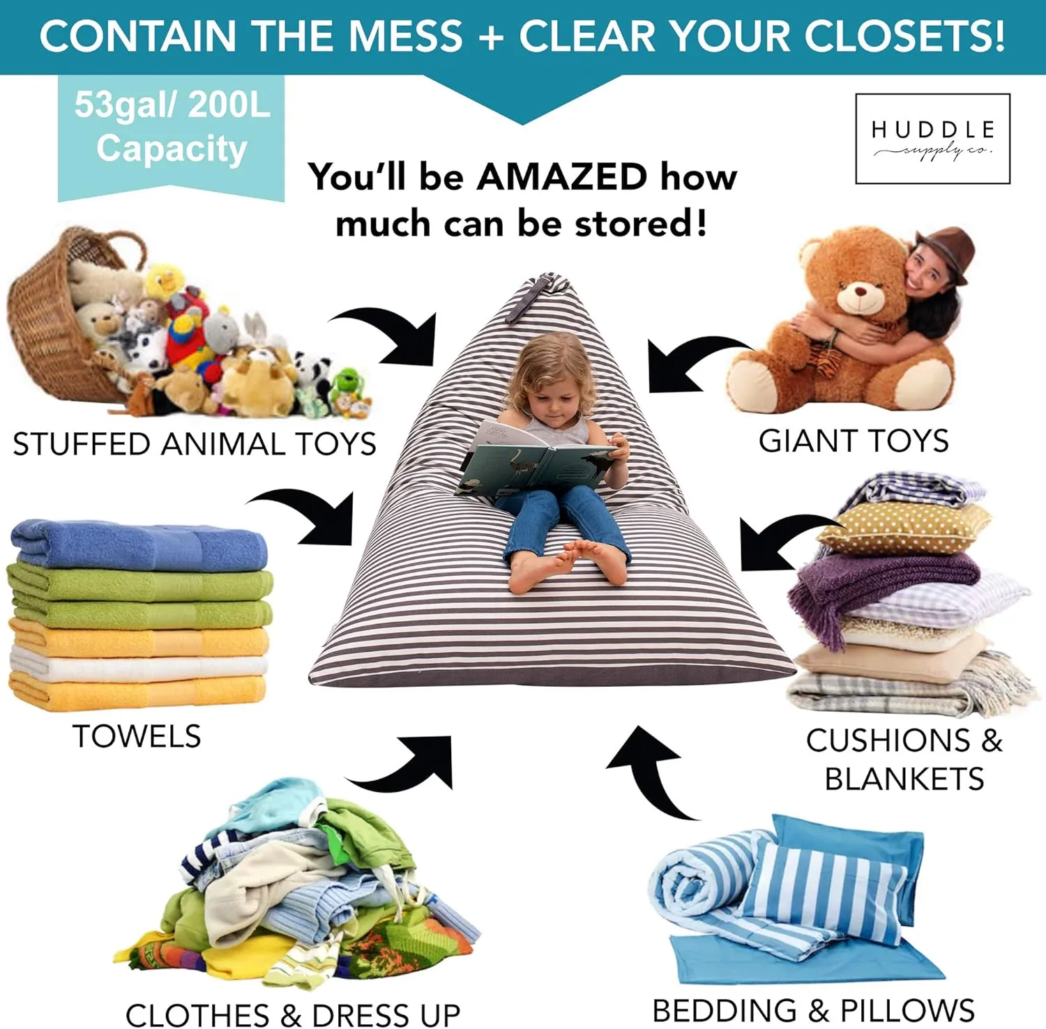 HUDDLE Original Stuffed Animal Bean Bag Storage Extra Large Designer Beanbag Chairs for Kids Teens & Adults | Instant Clutter Clear for Stylish Moms - Stuffed Animal Storage Bean Bag Chair Grey Stripe