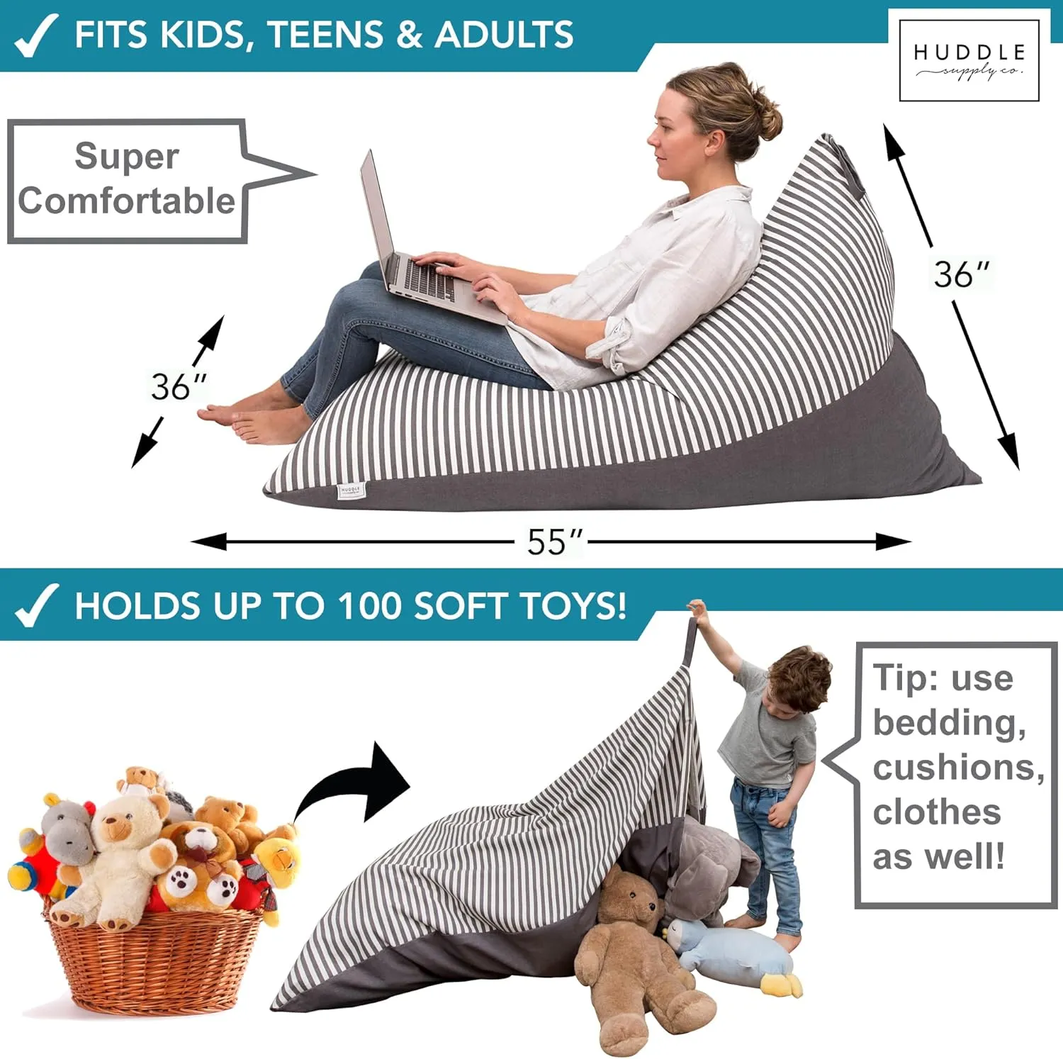 HUDDLE Original Stuffed Animal Bean Bag Storage Extra Large Designer Beanbag Chairs for Kids Teens & Adults | Instant Clutter Clear for Stylish Moms - Stuffed Animal Storage Bean Bag Chair Grey Stripe