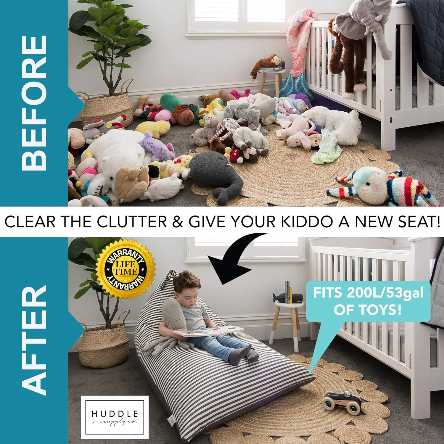 HUDDLE Original Stuffed Animal Bean Bag Storage Extra Large Designer Beanbag Chairs for Kids Teens & Adults | Instant Clutter Clear for Stylish Moms - Stuffed Animal Storage Bean Bag Chair Grey Stripe