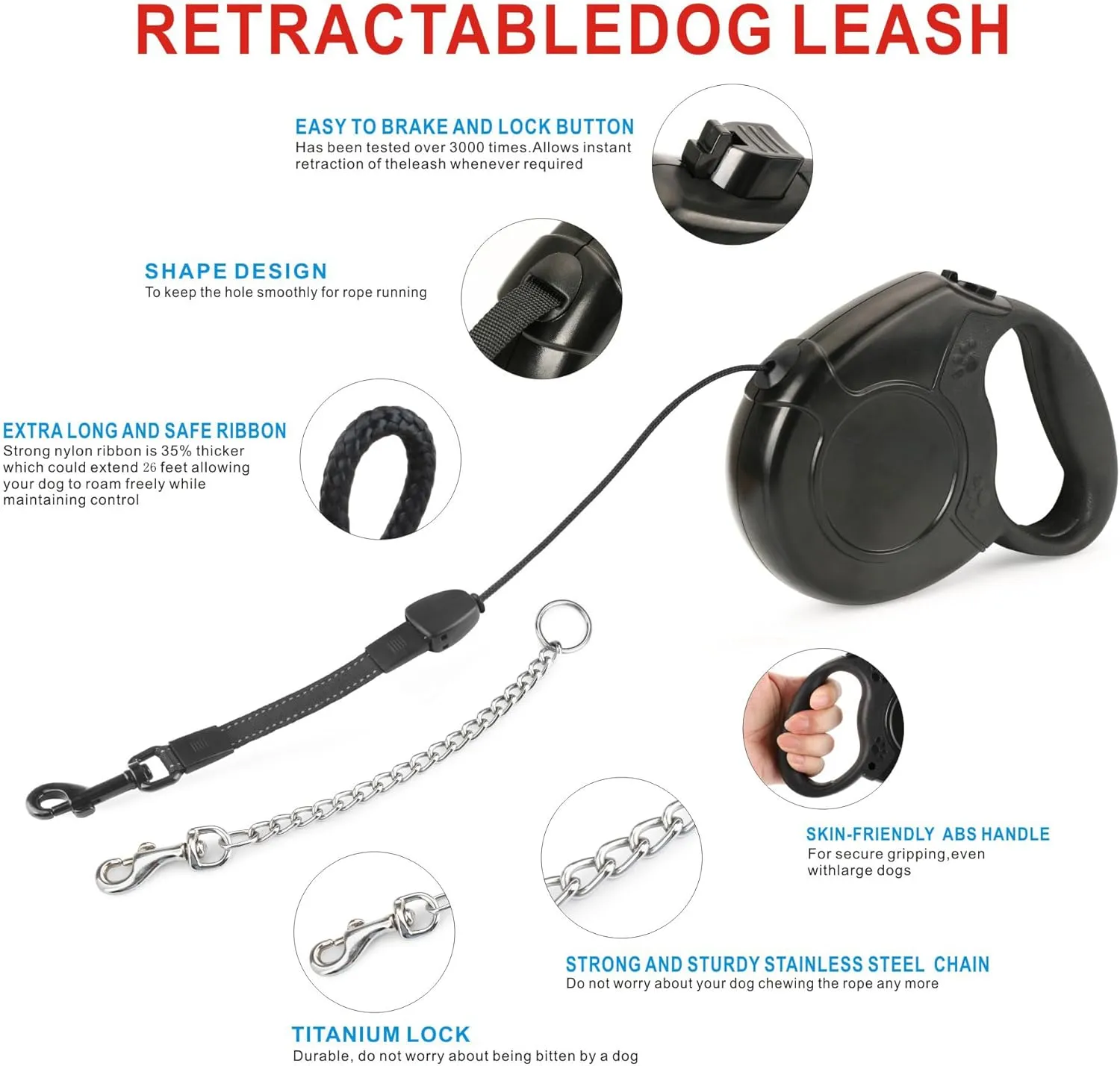 Idepet Heavy Duty Retractable Dog Leash for Small and Medium Dogs, Anti-Chewing Steel Chain Design,360 DegreeTangle-Free,Break and Lock System,26ft Leash Dog Walking (Black, Round Rope)