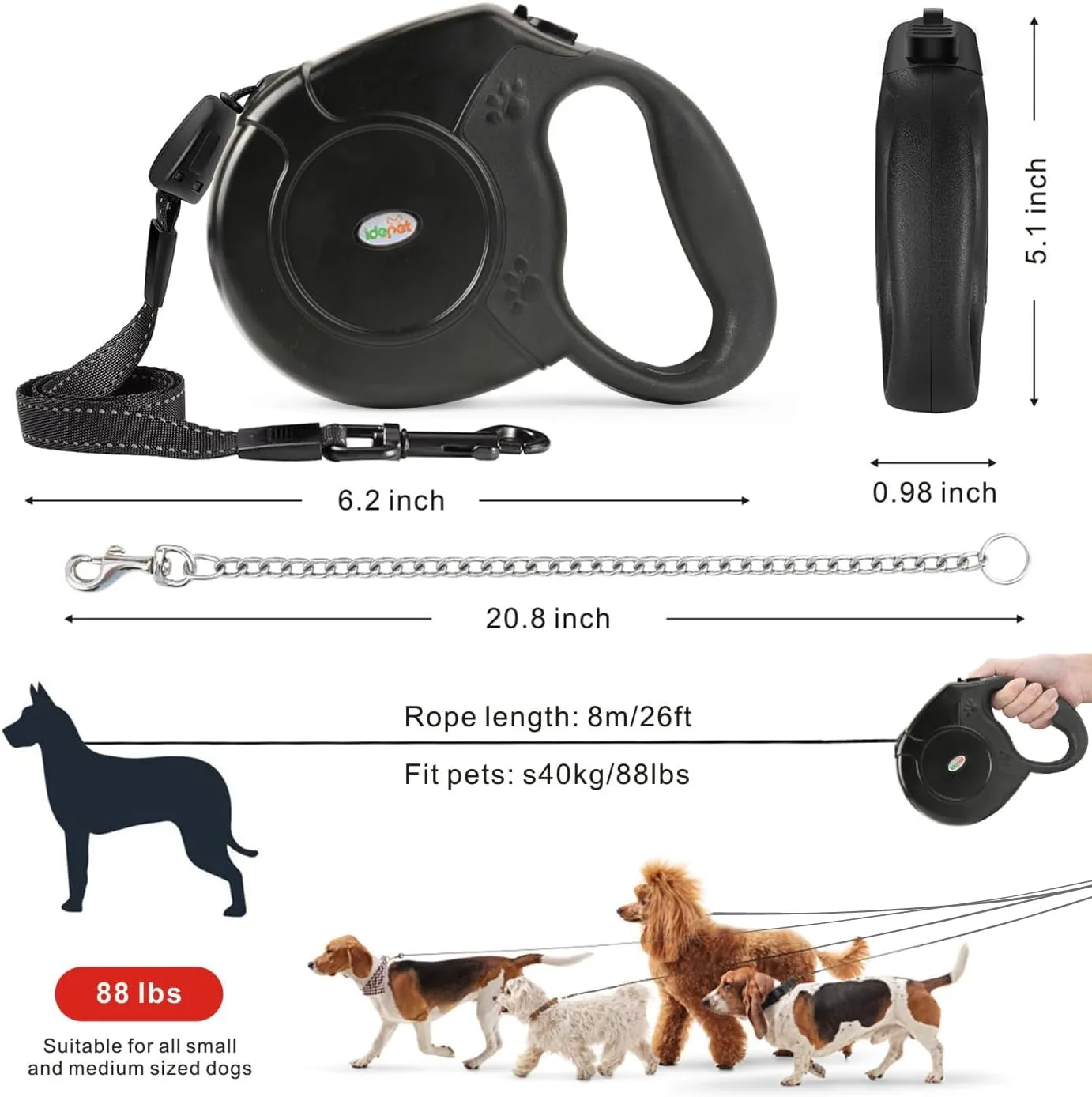 Idepet Heavy Duty Retractable Dog Leash for Small and Medium Dogs, Anti-Chewing Steel Chain Design,360 DegreeTangle-Free,Break and Lock System,26ft Leash Dog Walking (Black, Round Rope)