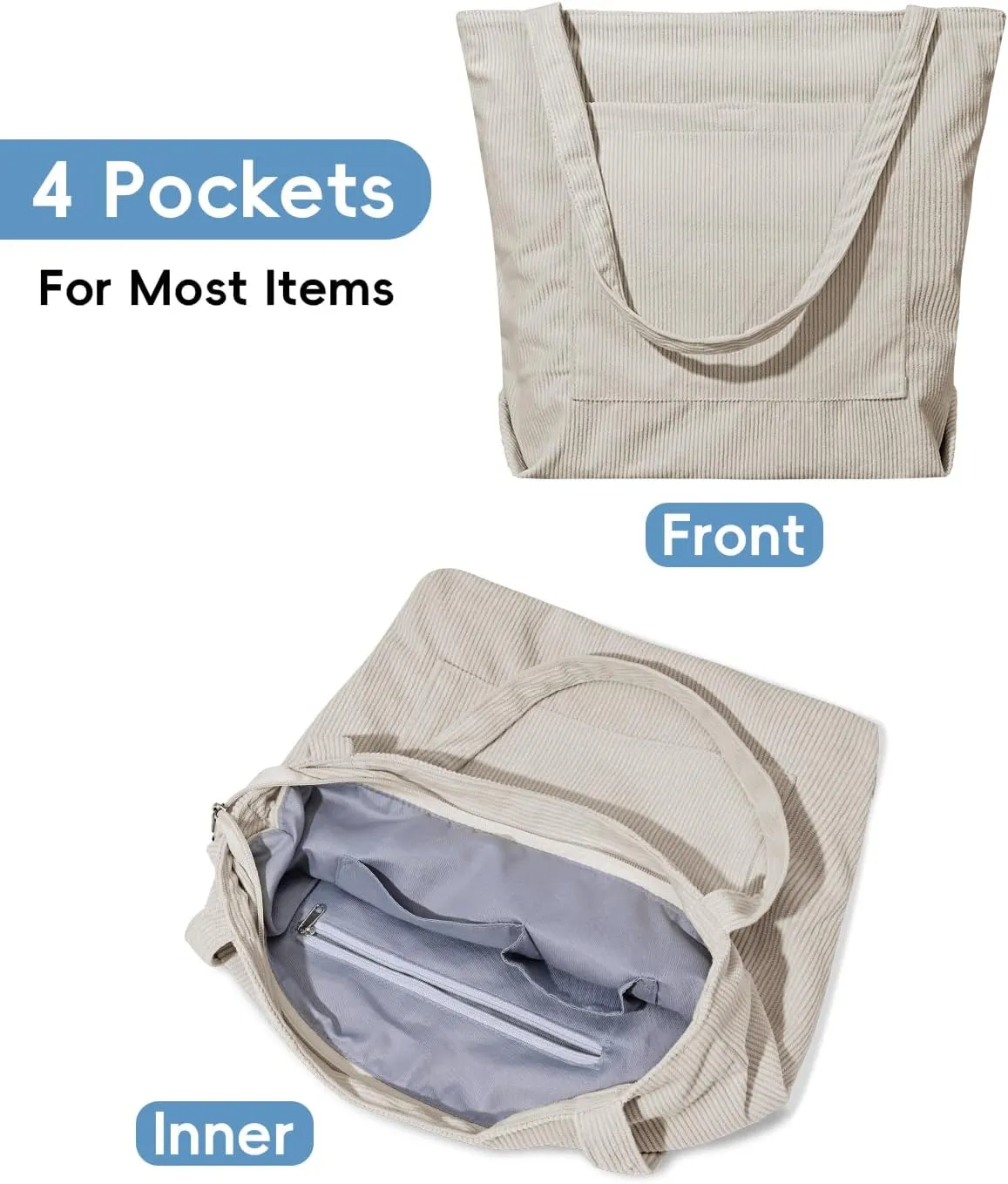 Iioscre Corduroy Tote Bag for Women,Hobo HandBags with Zipper,Large Capacity Casual Shoulder Handbags with Inner Pockets