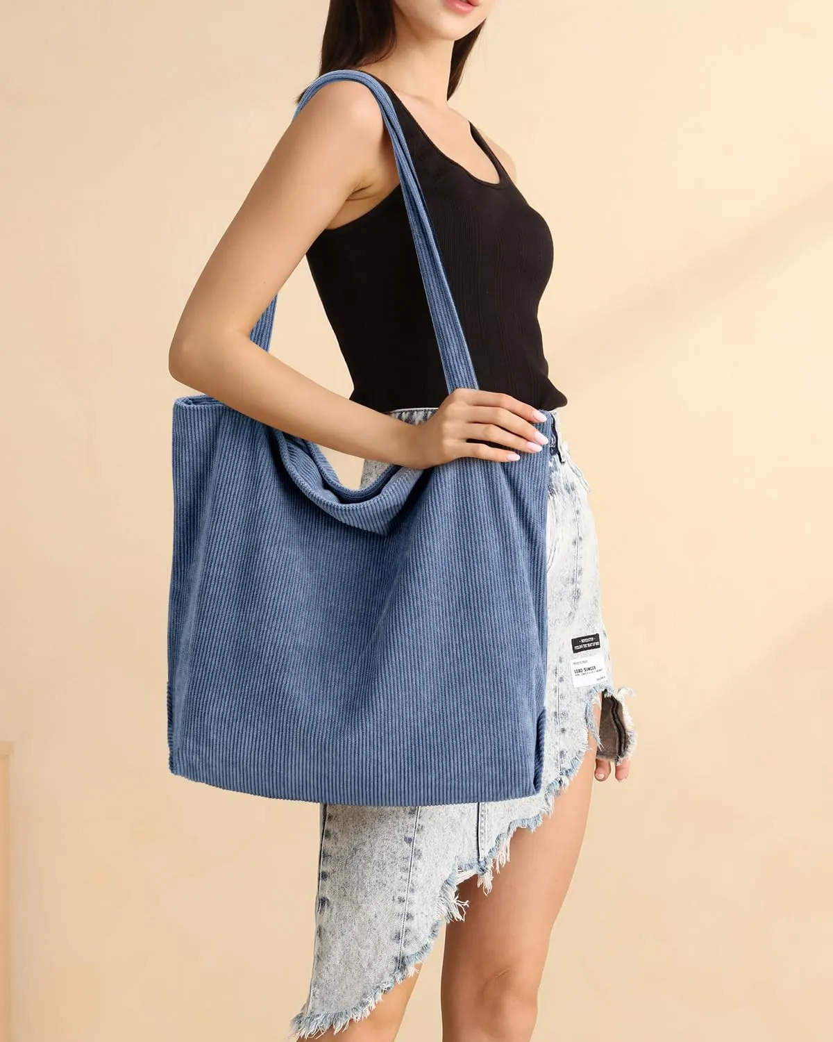 Iioscre Corduroy Tote Bag for Women,Hobo HandBags with Zipper,Large Capacity Casual Shoulder Handbags with Inner Pockets