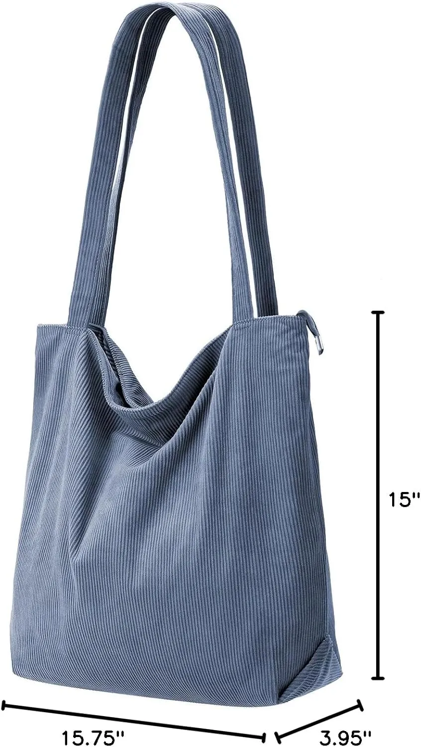 Iioscre Corduroy Tote Bag for Women,Hobo HandBags with Zipper,Large Capacity Casual Shoulder Handbags with Inner Pockets