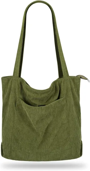 Iioscre Corduroy Tote Bag for Women,Hobo HandBags with Zipper,Large Capacity Casual Shoulder Handbags with Inner Pockets