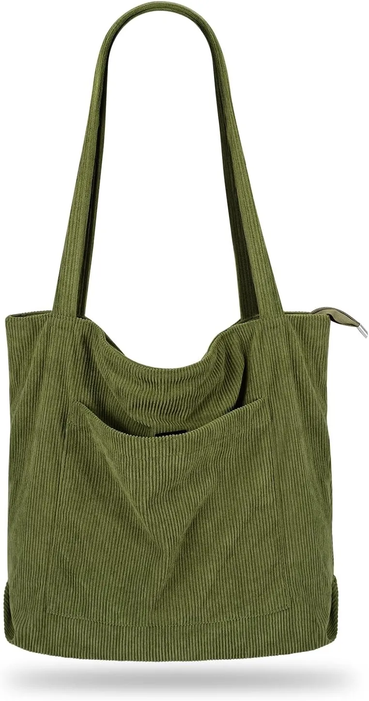 Iioscre Corduroy Tote Bag for Women,Hobo HandBags with Zipper,Large Capacity Casual Shoulder Handbags with Inner Pockets