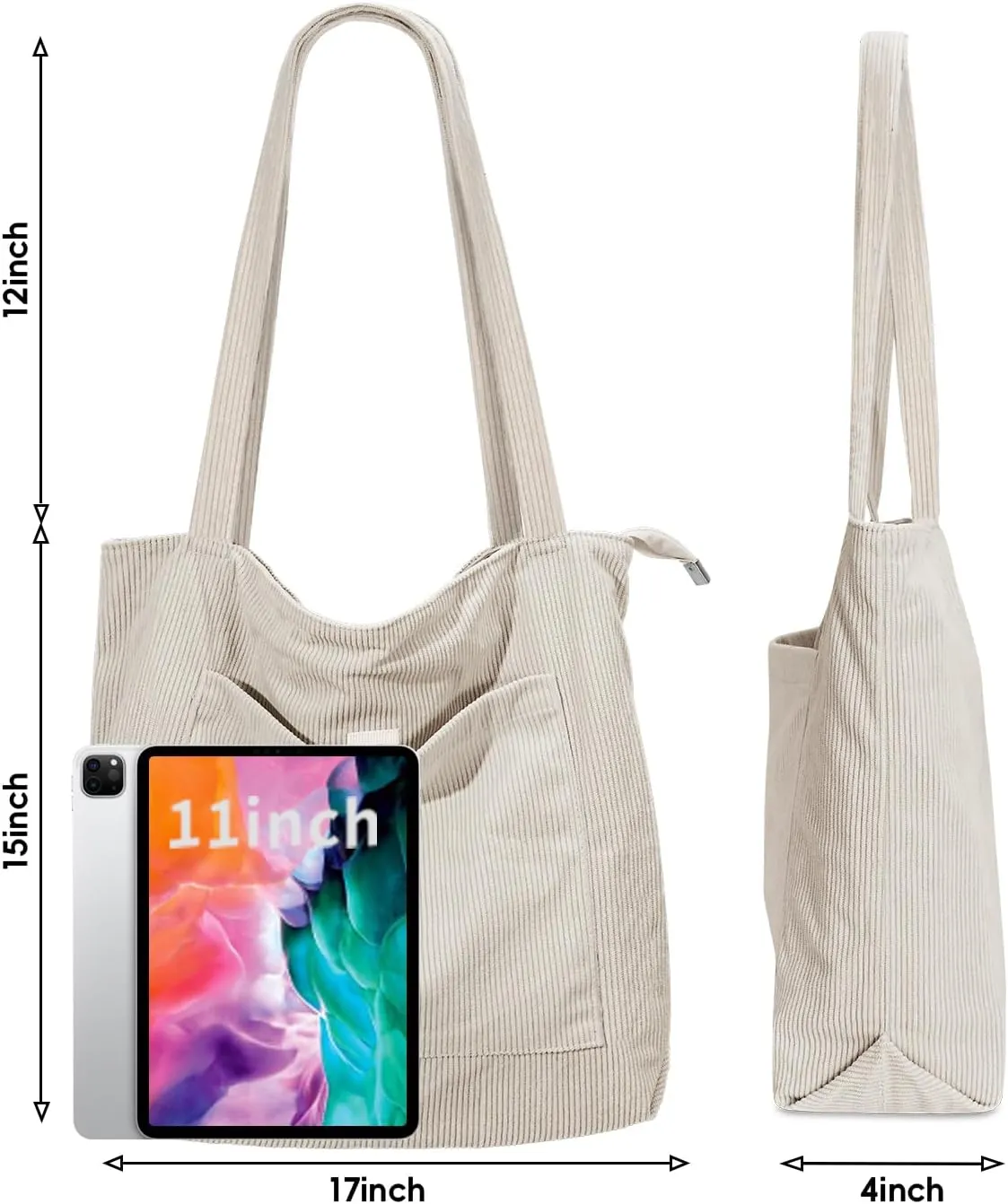 Iioscre Corduroy Tote Bag for Women,Hobo HandBags with Zipper,Large Capacity Casual Shoulder Handbags with Inner Pockets