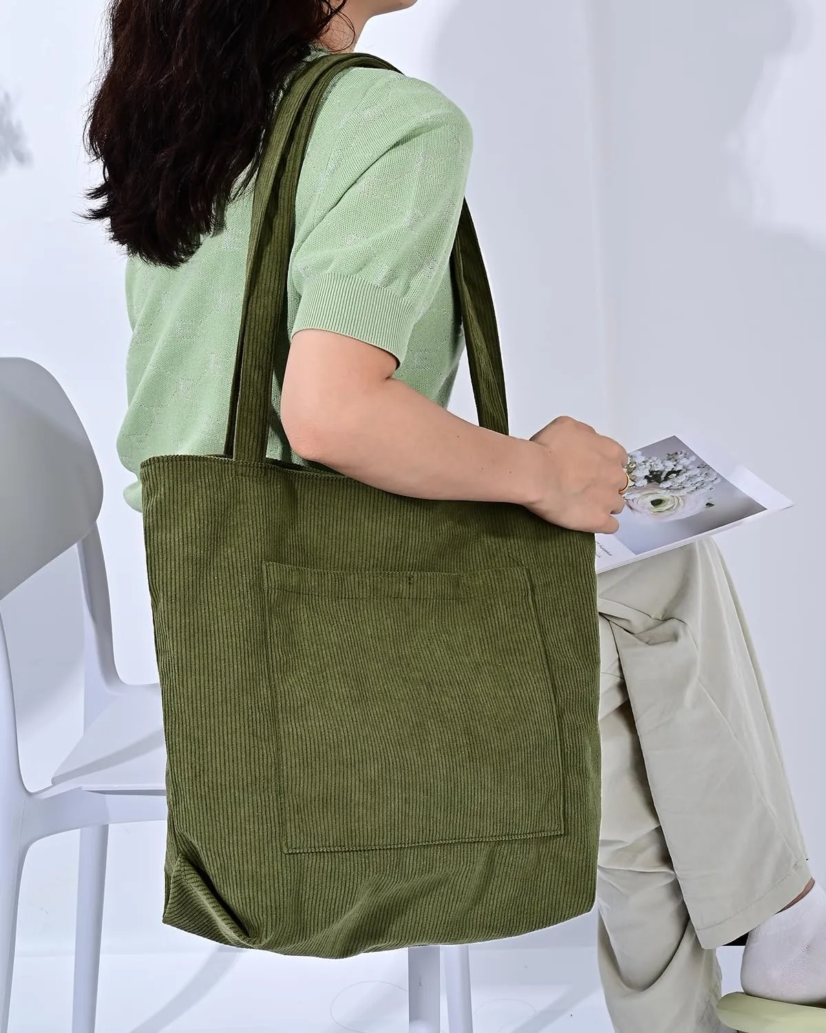 Iioscre Corduroy Tote Bag for Women,Hobo HandBags with Zipper,Large Capacity Casual Shoulder Handbags with Inner Pockets