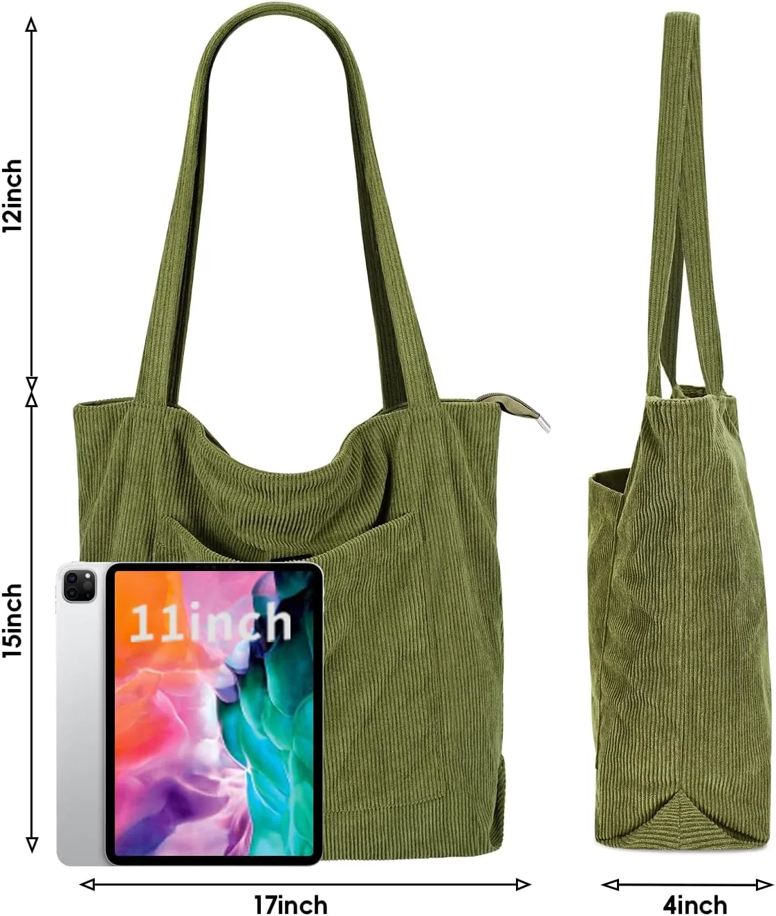 Iioscre Corduroy Tote Bag for Women,Hobo HandBags with Zipper,Large Capacity Casual Shoulder Handbags with Inner Pockets