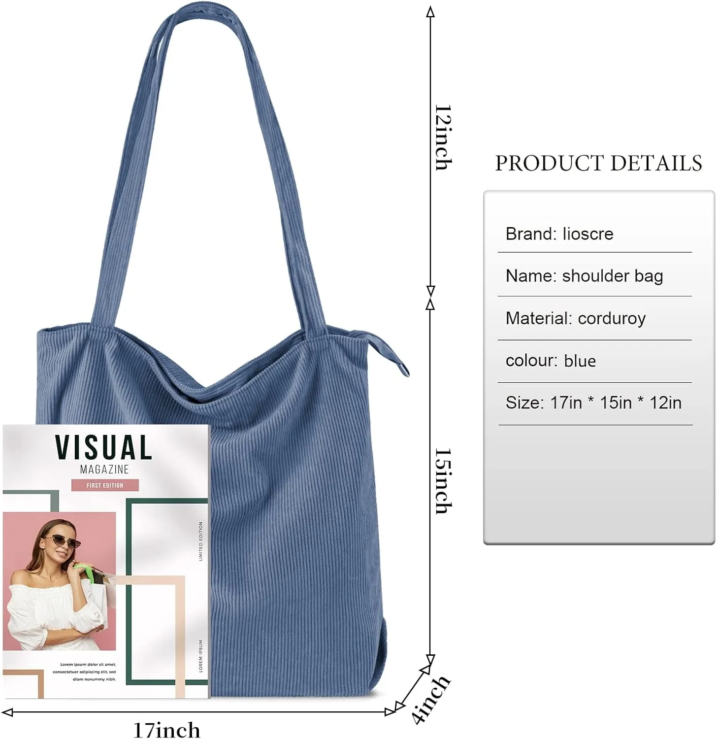 Iioscre Corduroy Tote Bag for Women,Hobo HandBags with Zipper,Large Capacity Casual Shoulder Handbags with Inner Pockets
