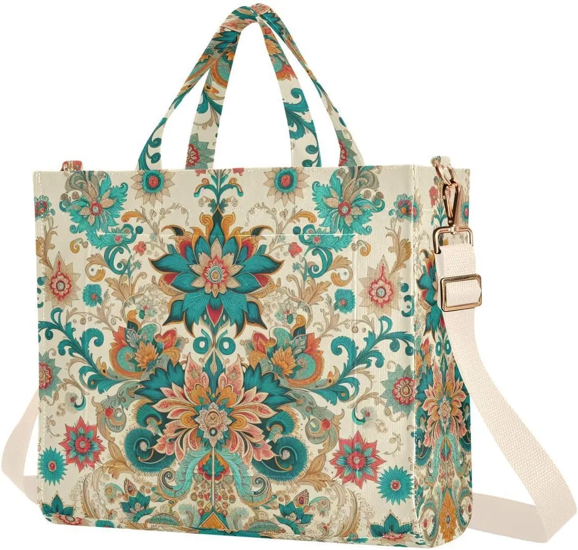 Indian Floral Motifs Tote Bag for Women Large Capacity Handbag Portable Work Handbag Shoulder Bag for Beach, Shopping, Travel