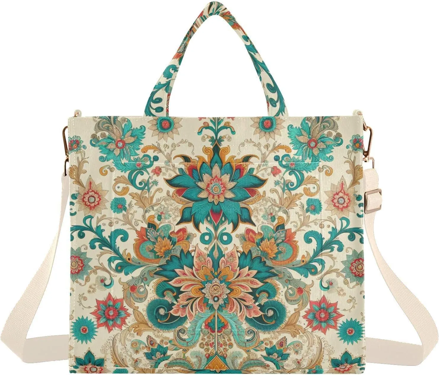 Indian Floral Motifs Tote Bag for Women Large Capacity Handbag Portable Work Handbag Shoulder Bag for Beach, Shopping, Travel