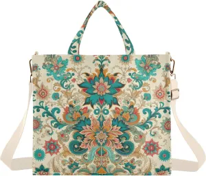 Indian Floral Motifs Tote Bag for Women Large Capacity Handbag Portable Work Handbag Shoulder Bag for Beach, Shopping, Travel