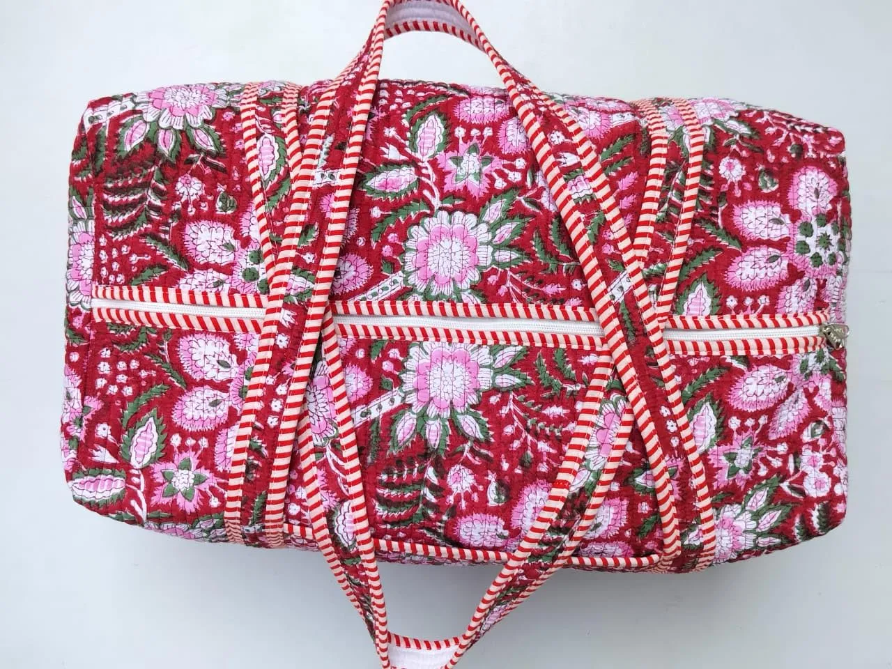 Indian Stylish Pure Cotton Very Nice Quilted Duffle Bag Block Printed Handmade Multiuse Shopping Duffle Bag.
