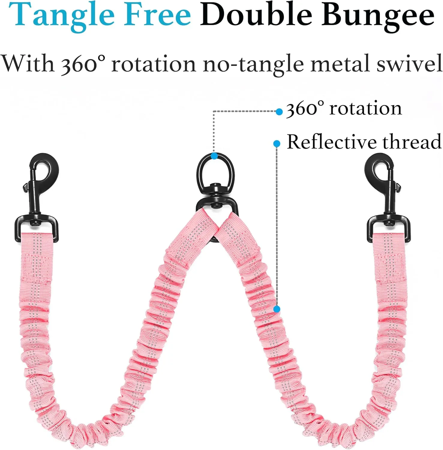 iYoShop Dual Dog Leash - 360° Swivel, No Tangle Walking Leash with Shock Absorbing Bungee for Two Dogs (Large, 25-150 lbs, Baby Pink)