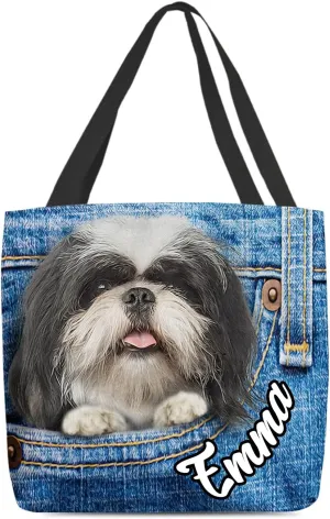 IZI POD NAZENTI Personalized Shih Tzu In Pocket Tote Bag - Custom Print Two Side Tote Bags with Name, Gift for Dog Mom, Women Bag Shoulder, Tote Grocery, Gift for Dog Lover, Girl Handbag