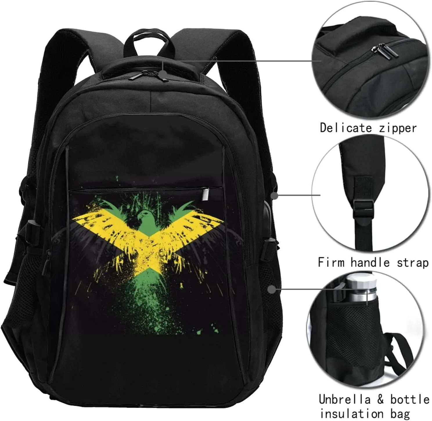 Jamaican Flag Eagle Casual Travel Backpacks Hiking Camping Backpack Large Outdoor Sport Daypack Laptop Rucksack Climbing Working Bags with USB Port