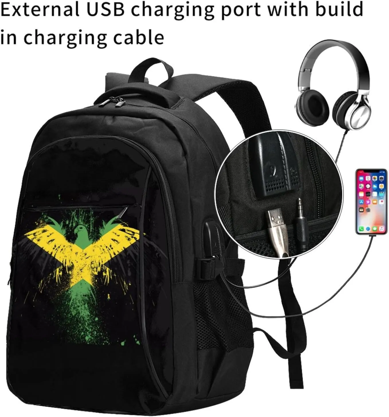 Jamaican Flag Eagle Casual Travel Backpacks Hiking Camping Backpack Large Outdoor Sport Daypack Laptop Rucksack Climbing Working Bags with USB Port