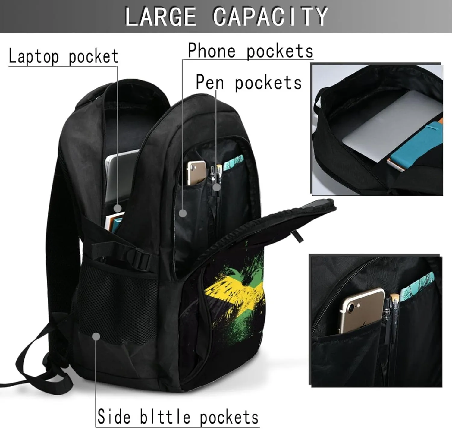 Jamaican Flag Eagle Casual Travel Backpacks Hiking Camping Backpack Large Outdoor Sport Daypack Laptop Rucksack Climbing Working Bags with USB Port