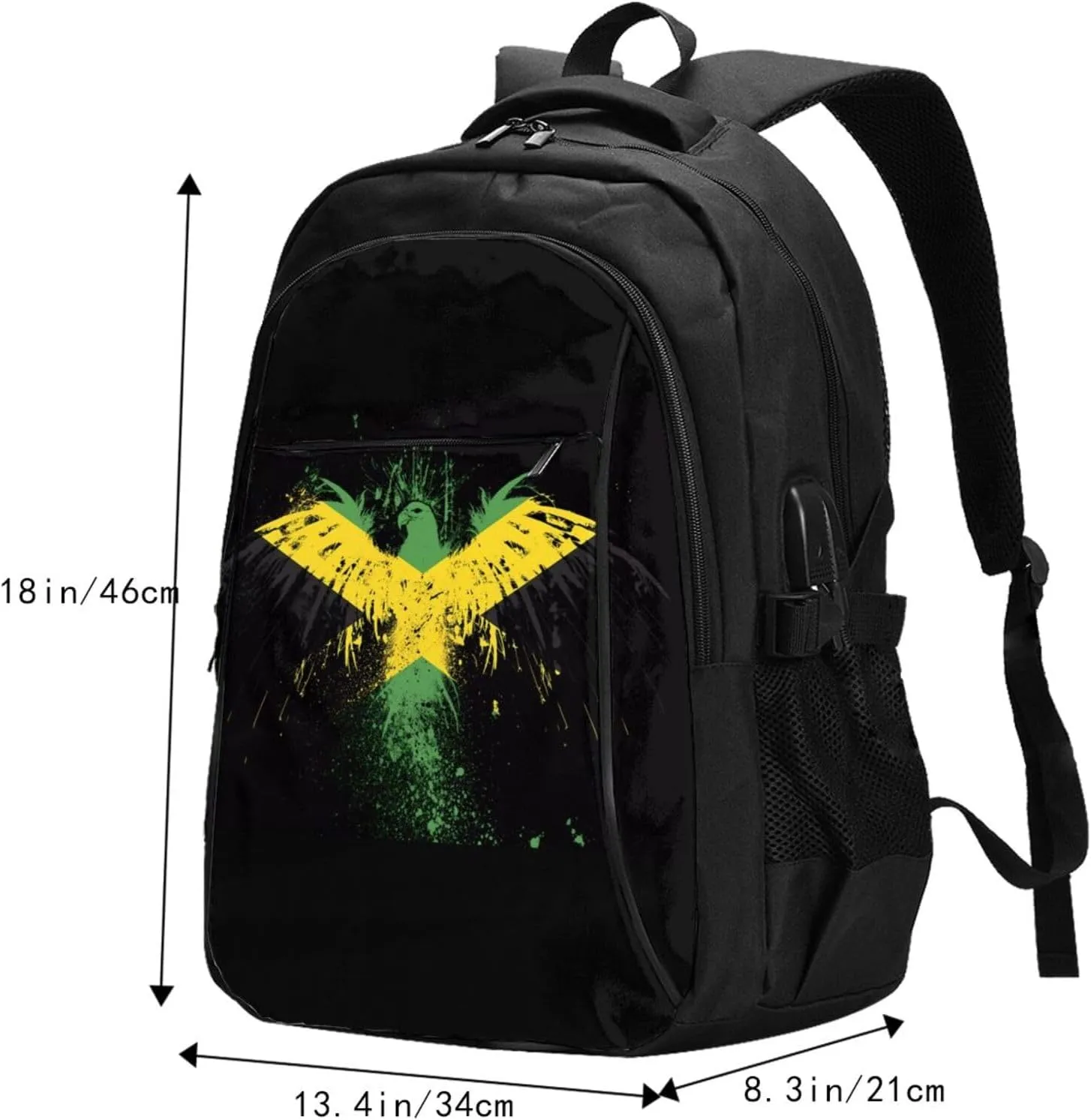 Jamaican Flag Eagle Casual Travel Backpacks Hiking Camping Backpack Large Outdoor Sport Daypack Laptop Rucksack Climbing Working Bags with USB Port
