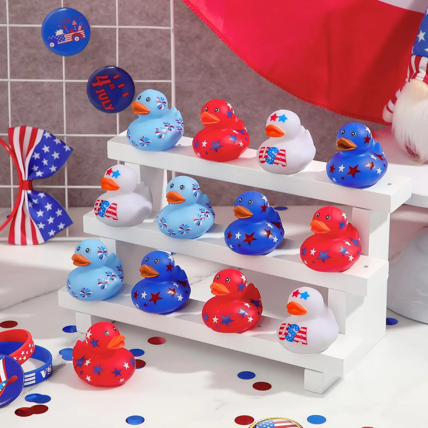 Jerify 24 Pcs 2 Inch Patriotic Rubber Ducks Summer Small Shower Float Rubber Ducks Star Ducky for Bath Birthday Gifts Baby Showers Beach Pool 4th of July Independence Day (Classic)
