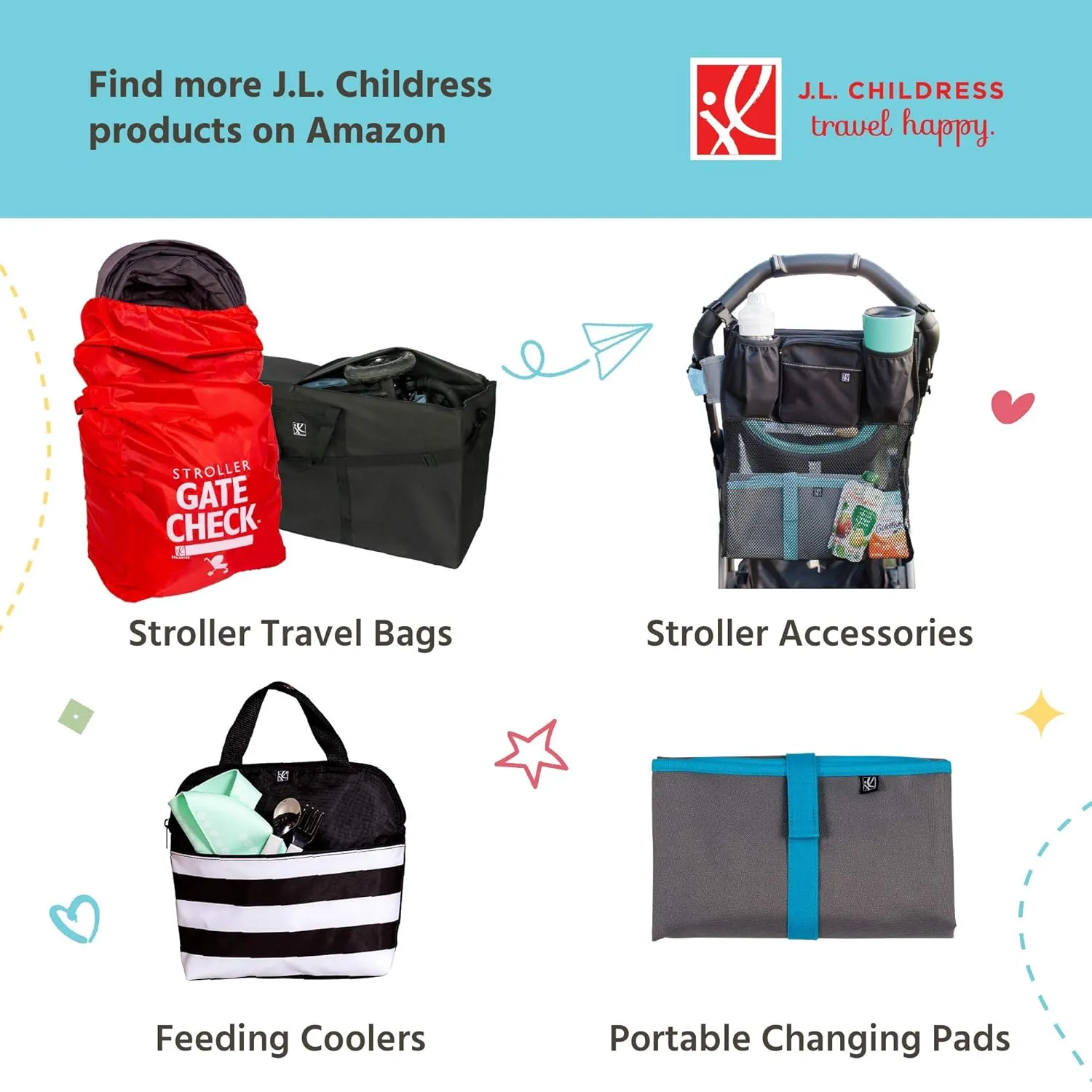 J.L. Childress Gate Check Bag for Single & Double Strollers - Stroller Bag for Airplane - Large Stroller Travel Bag for Airplane - Air Travel Stroller Bag - Black