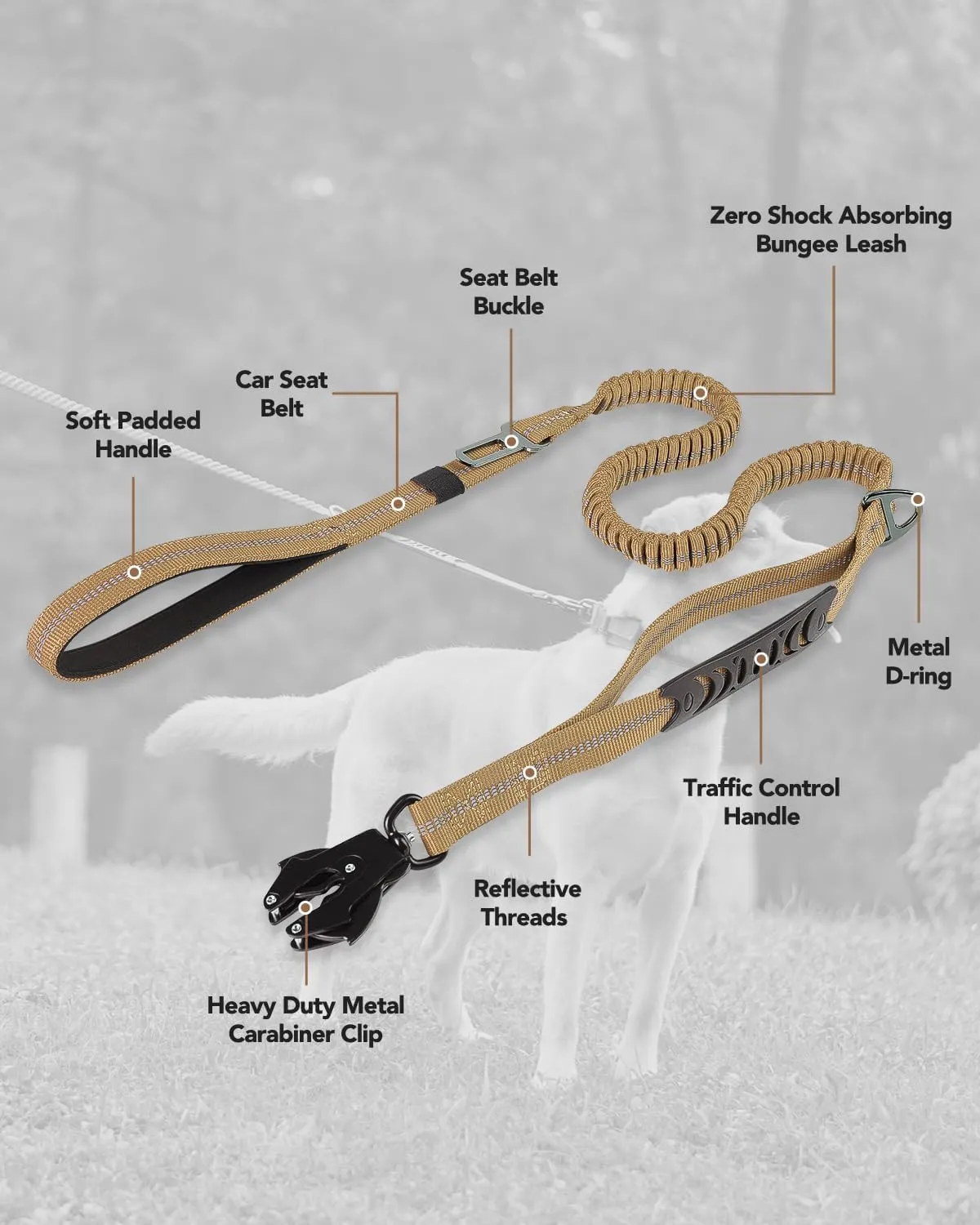 Joytale Tactical Dog Leash Heavy Duty, 4-6FT Shock Absorbing Bungee Lead with 2 Padded Handle, Metal Carabiner Clip, Car Seatbelt, Strong No Pull Leash for Medium Large X-Large Dogs, Coyote Brown